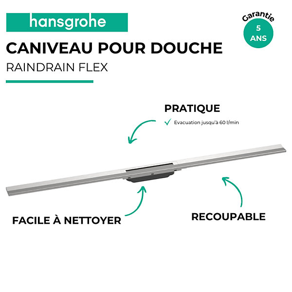 Caniveau de douche HANSGROHE RainDrain Flex acier inox brossé découpable 120 cm