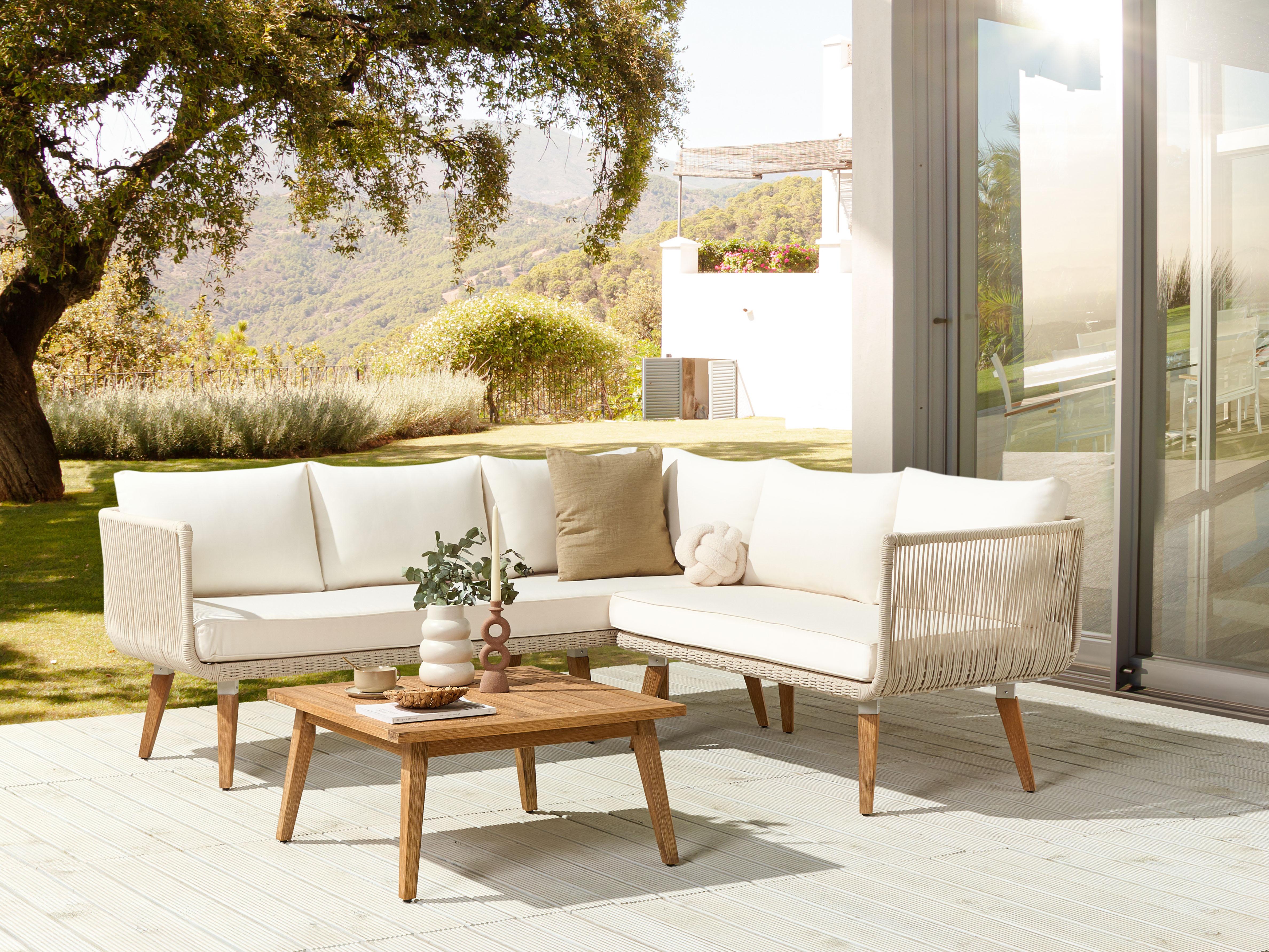 Garden Corner Sofa with Table 5 Seater ALCAMO Left Hand Acacia Wood Light Beige