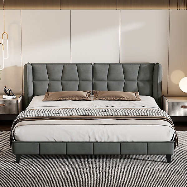 Lit 180x200 cm tapissé velours gris avec tête de lit rembourrée et sommier à lattes bois, design moderne
