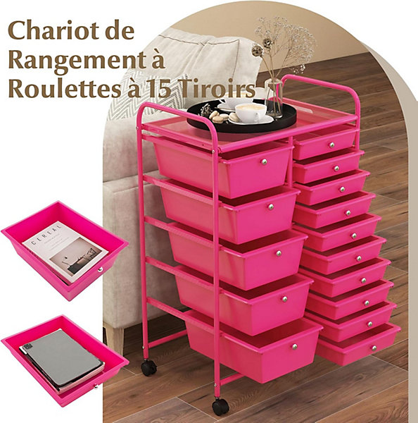 Chariot à roulettes avec 15 Tiroirs Cadre en Fer Tiroirs en Plastique Chariot de Rangement à 4 Roulettes Rose Foncé