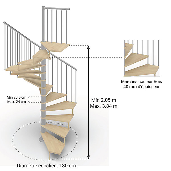 Escalier colimaçon 15 marches - Haut. à franchir 3.08m à 3.60m - Diam. 180cm - Trémie carrée - Struct. grise / marches Naturel -