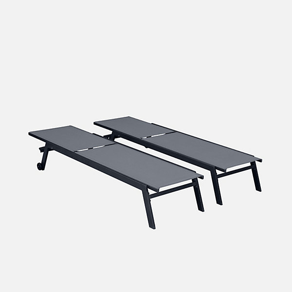 Lot de 2 bains de soleil ELSA en aluminium gris anthracite et textilène gris taupe. transats multi positions avec roulettes