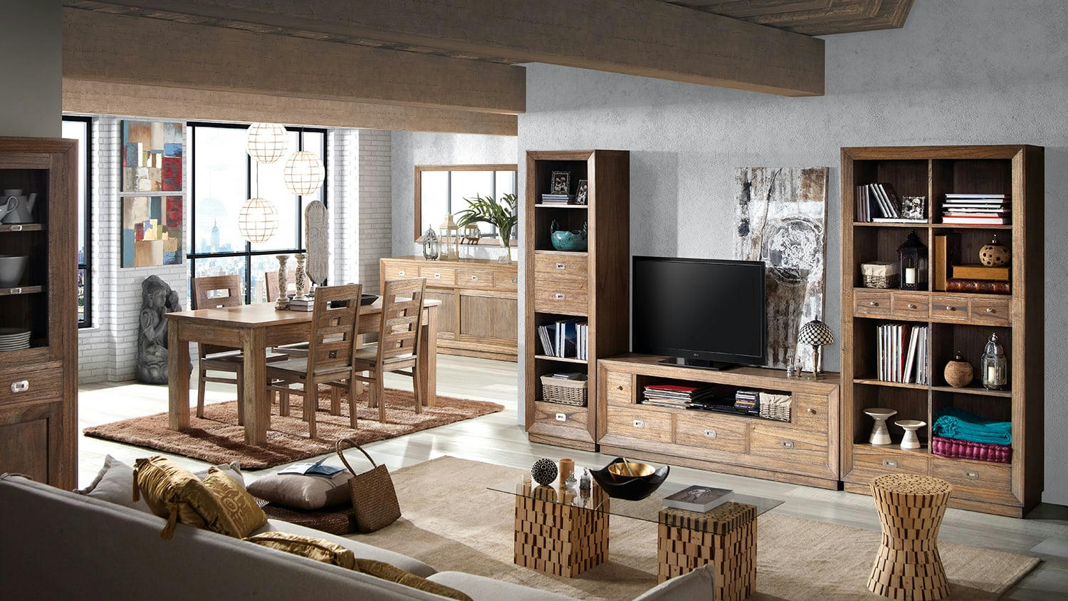 MERAPI - Bibliothèque en bois de mindi beige 4 espaces et 3 tiroirs H190 cm