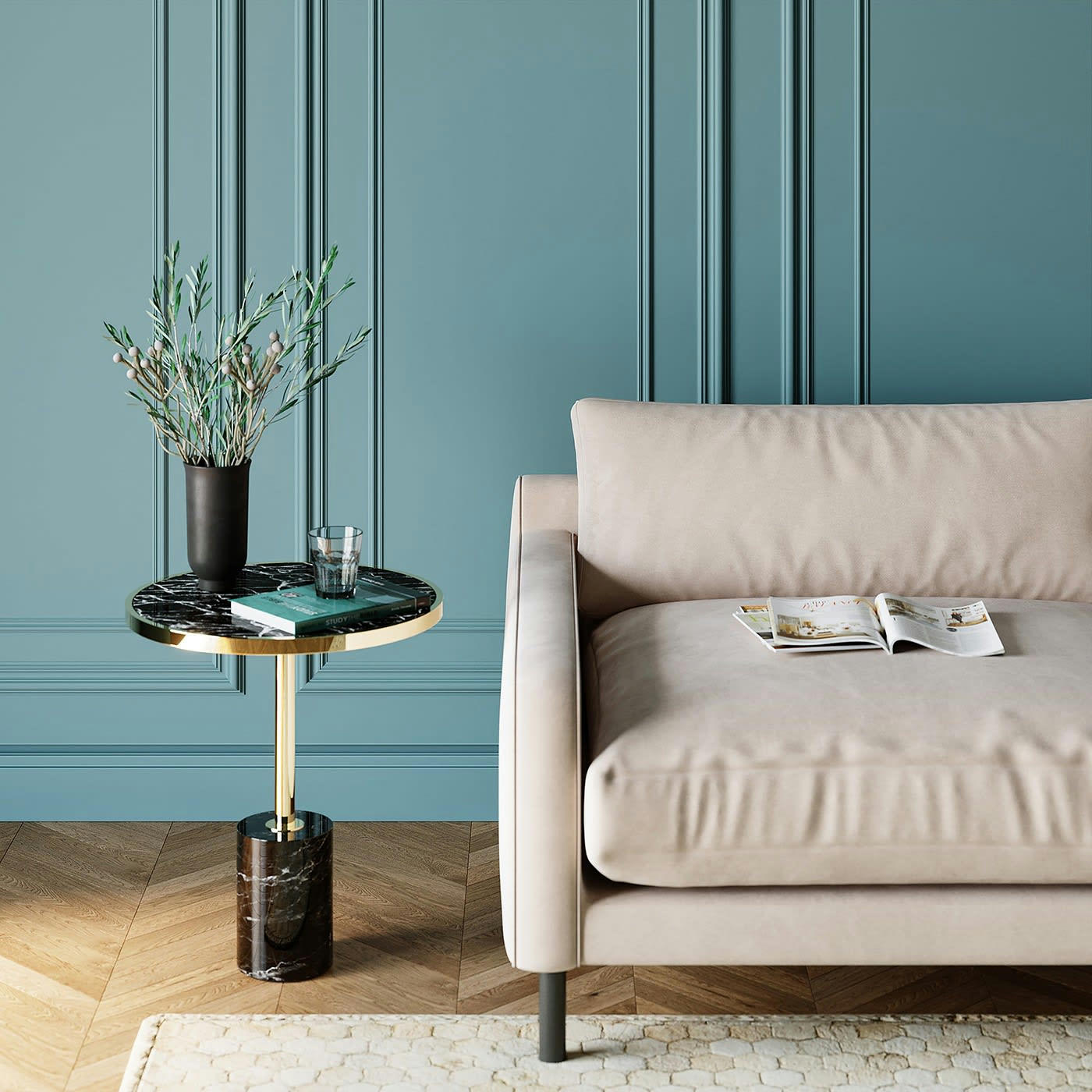 SAN REMO - Table d'appoint verre effet marbre noir et acier doré D46