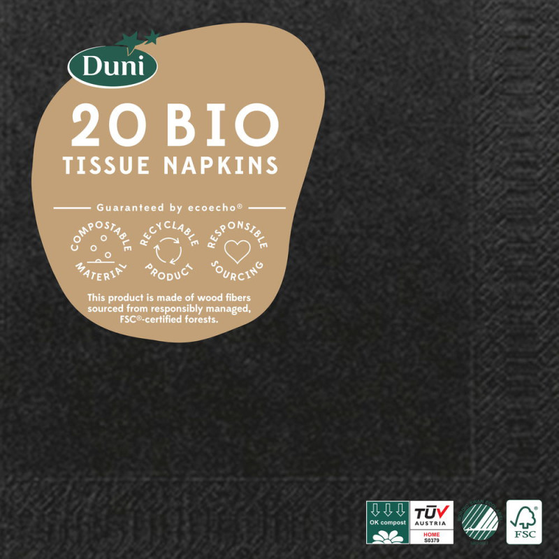 Serviette en tissu Bio 3 plis noir 33 x 33 cm 20 pièces DUNI