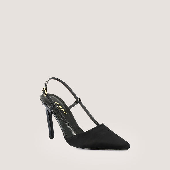 Escarpins slingbacksen satin noir et vernis noir | DIMA