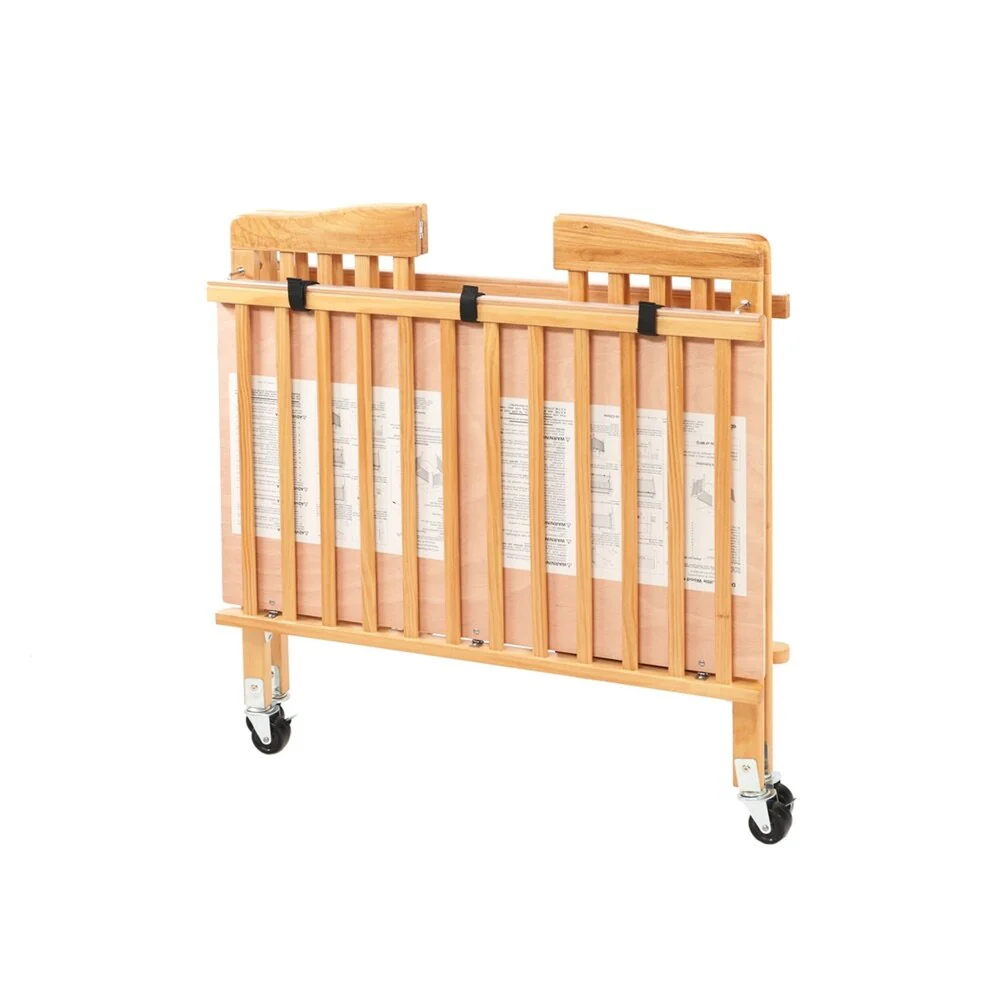 Slatted Foldable Wooden Crib with Caster Support, Natural Brown