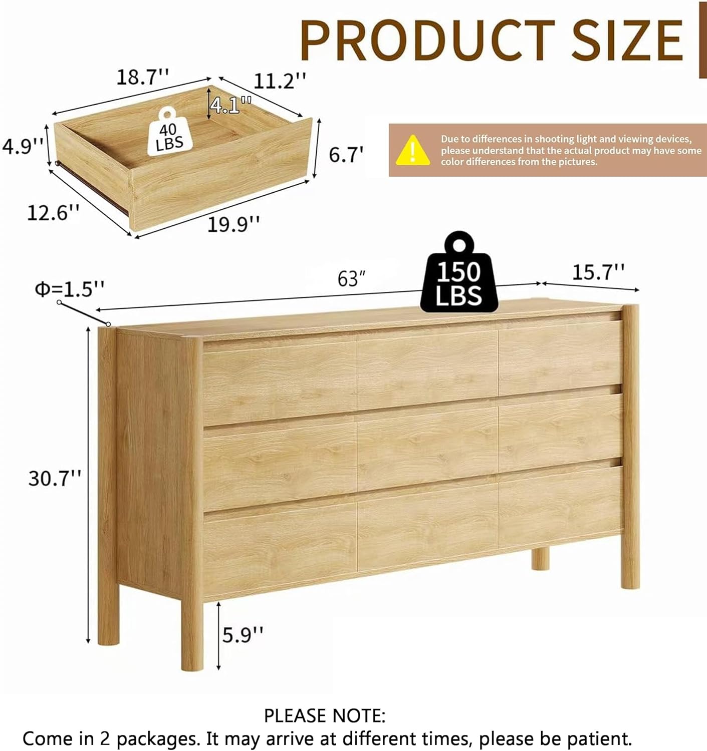 CHUWELL Oak Dresser for Bedroom, 63 Wide Mid Century Modern Chest of Drawers with 9 Large Storage Space and 4 Solid Wood Cylindrical Legs, 9 Drawer Large Dresser for Bedroom