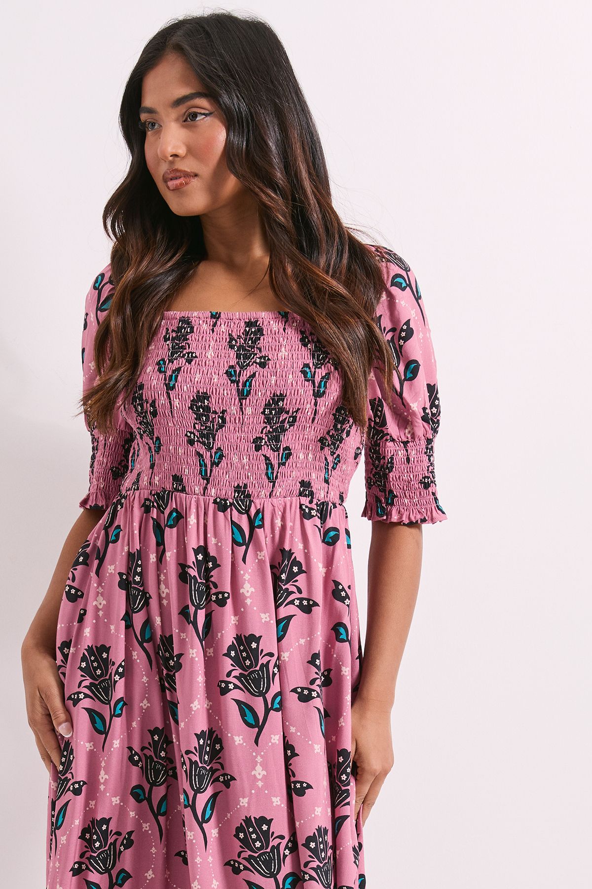 Dorothy Perkins Petite Pink Floral Shirred Bodice Puff Sleeve Square Neck Midi Dress