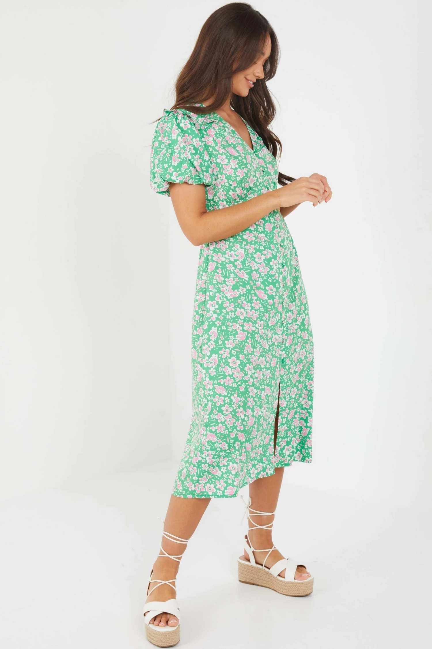 Quiz Green Floral Print Buttoned Midi Dress