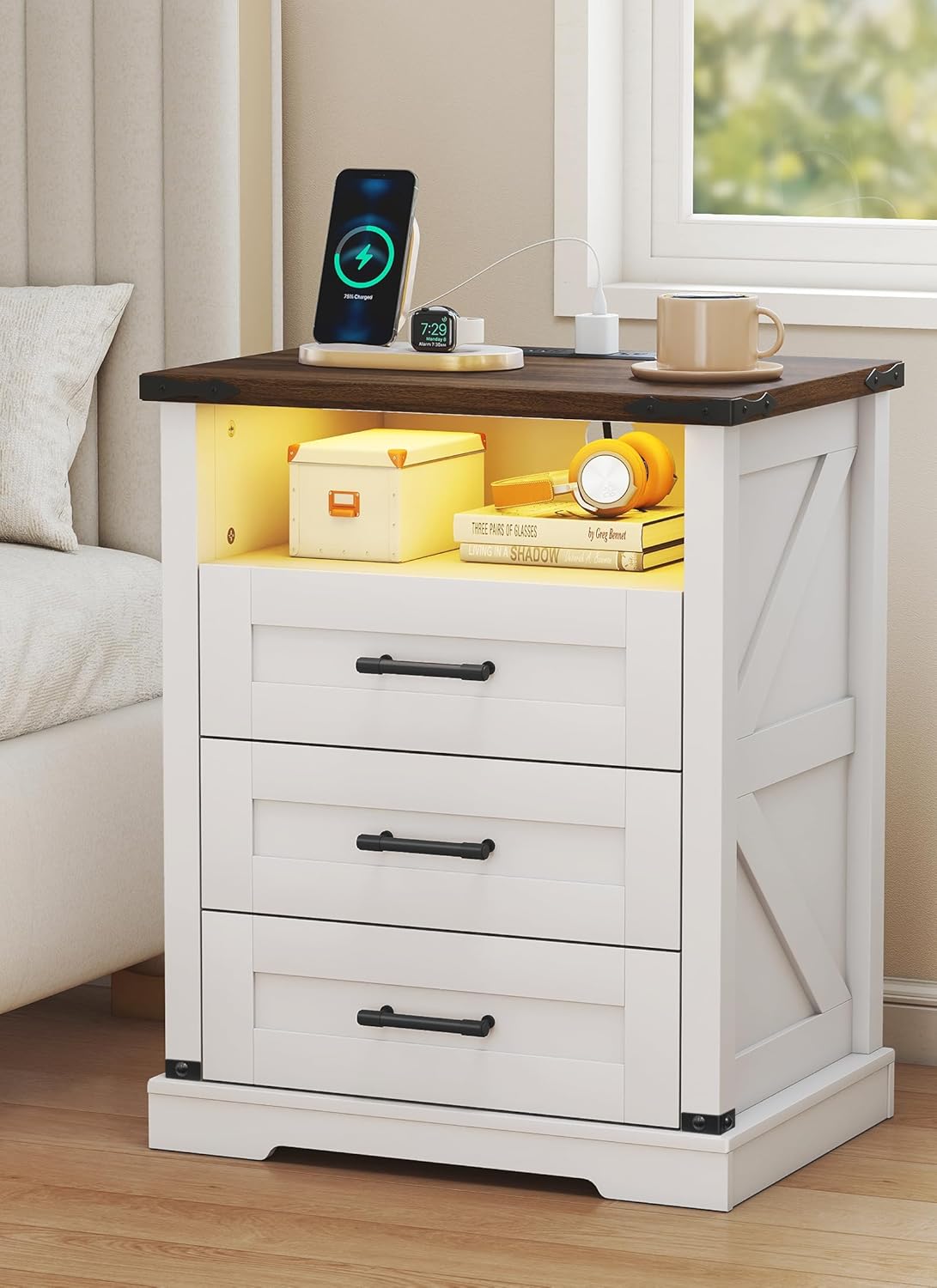 Turosur Night Stand with Charging Station 22 Large Farmhouse Nightstands with 3 Drawers and Open Storage Smart Bedside Table with Human Sensor LED Light End Tables for Bedroom White