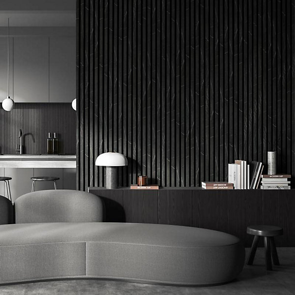 Panneau mural acoustique tasseaux bois 250 x 30 x 1,9 cm - décor marbre noir/feutrine noir - 0,75m²