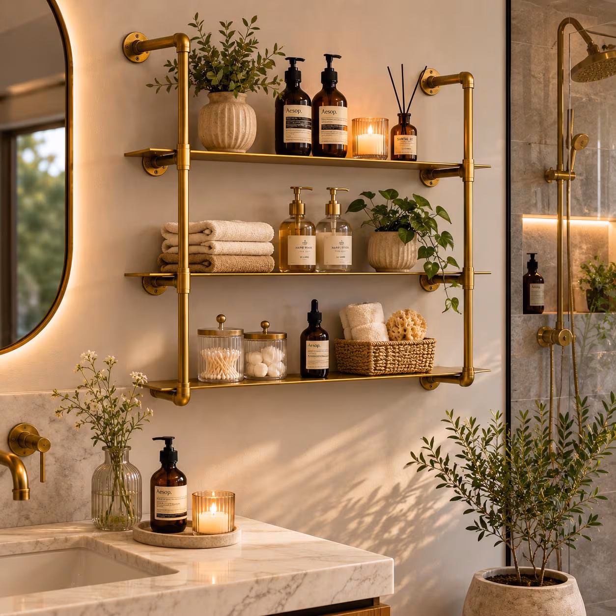 Modern Brass Shelving Unit | Bathroom Storage Shelf | Wall Mounted Brass Organizer | Luxury Home Decor