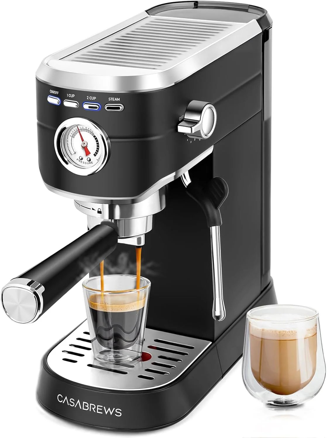 Espresso Machine 20 Bar, Compact Espresso Maker with Steam Milk Frother, Stainless Steel Coffee Machine with 34oz Removable Water Tank for Cappuccino, Latte, Silver(Deep Black/Button)