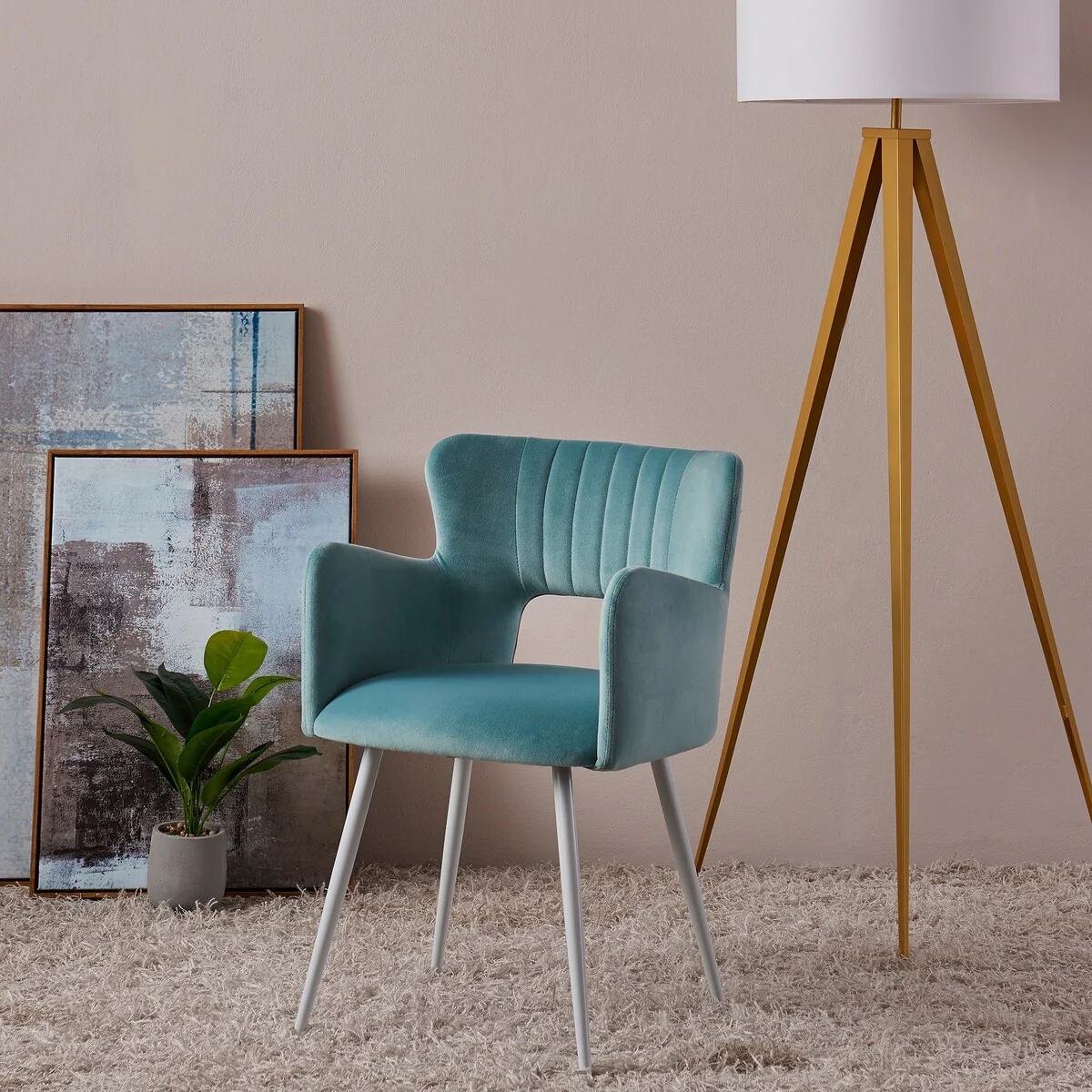 Versanora Waverly Armchair With Metal Leg Powder Blue Fabric, White Finish