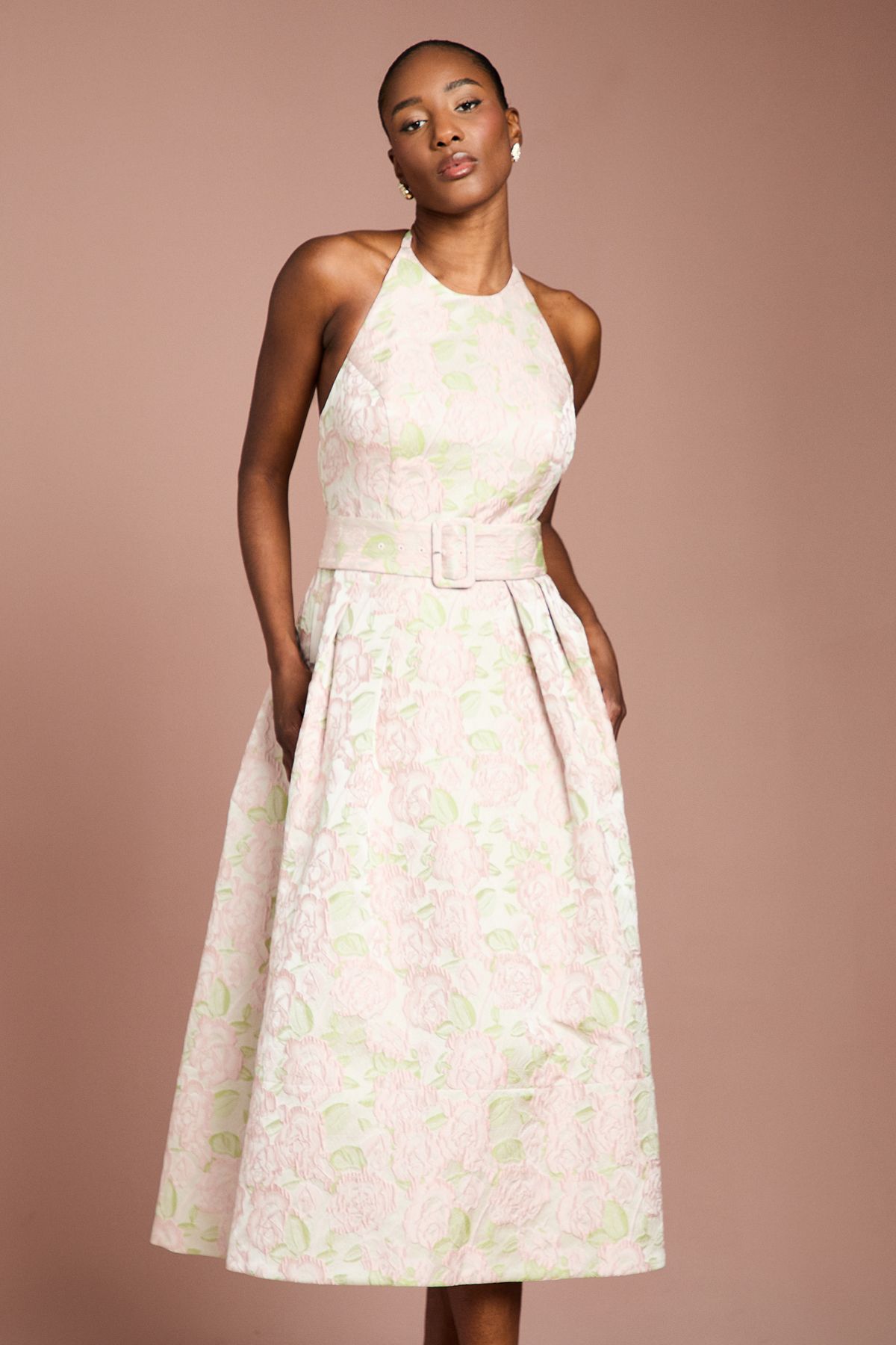 Coast Halter Neck Jacquard Belted Midi Dress