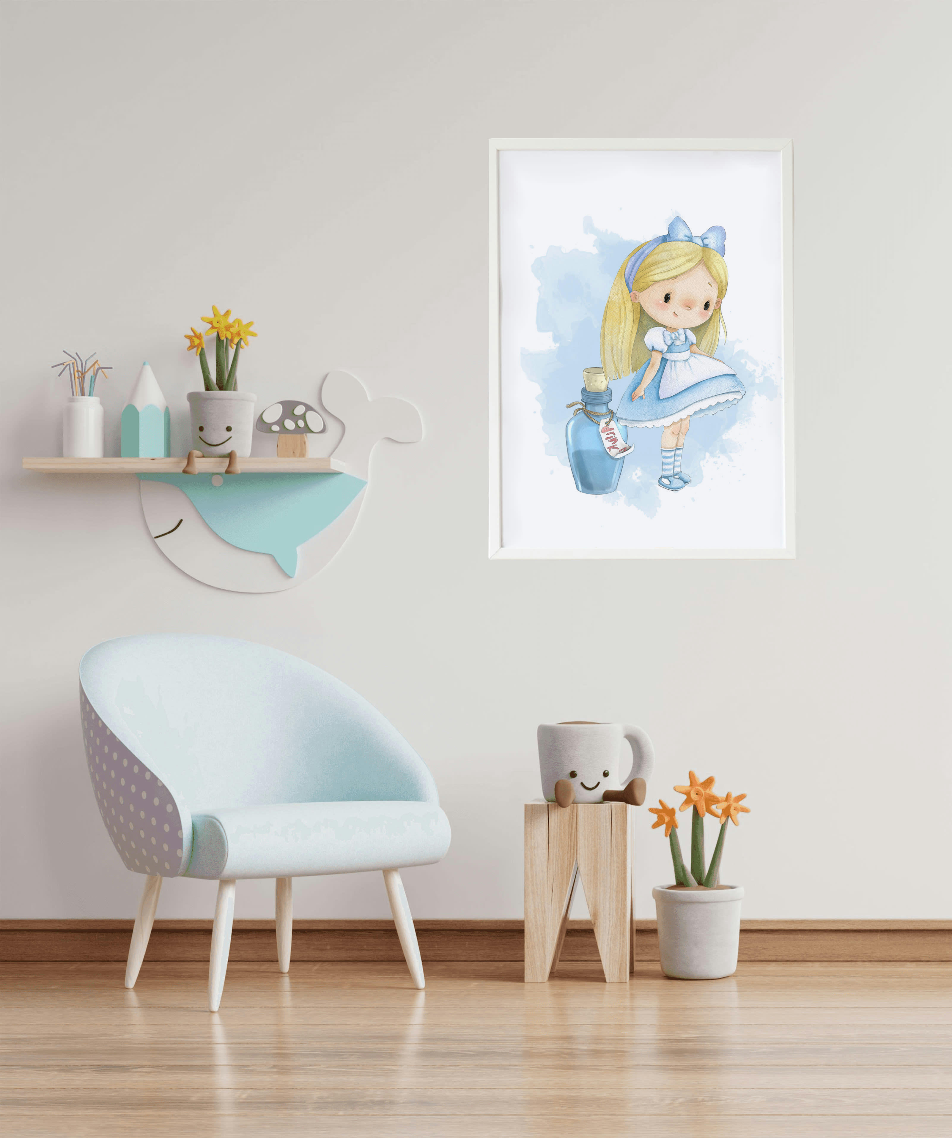 DECOWALL - Impression Alice avec la potion bleu encadrée en bois blanc 43X33 cm