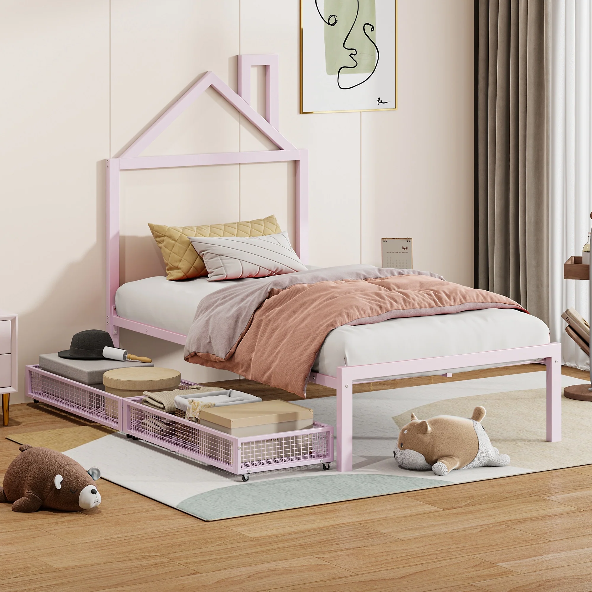Metal Twin Platform Bed with 2 Drawers and House-Shaped Frame for Kids