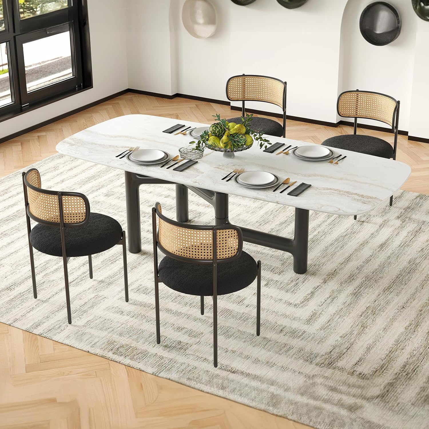Farini Modern Upholstered Dining Chairs Set of 4,Rattan Back Dining Room Chairs,Accent Kitchen Chairs with Metal Legs,Black