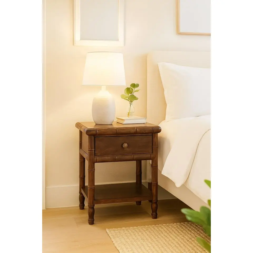 Artisan Furnitur Massief Houten Bamboe Gegraveerd Nachtkastje, 1Lade, 1 Open Vak