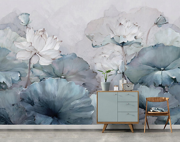 Papier Peint Panoramique Intissé Fleurs Béton Bleu - 250x175 cm - Papier Peint Chambre et salon