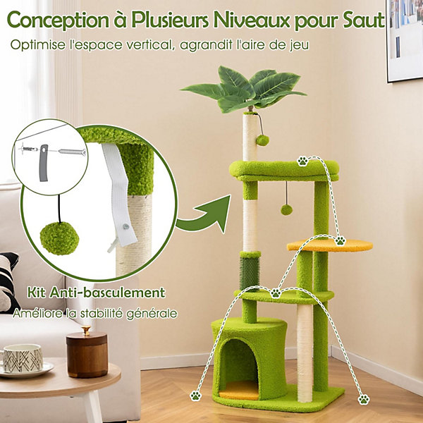 Arbre a Chat de 122 CM à 5 Niveaux,XXL en Tissu avec Niche, Perchoir, Auto-Toiletteur, Poteaux à Gratter &Balle Suspendue