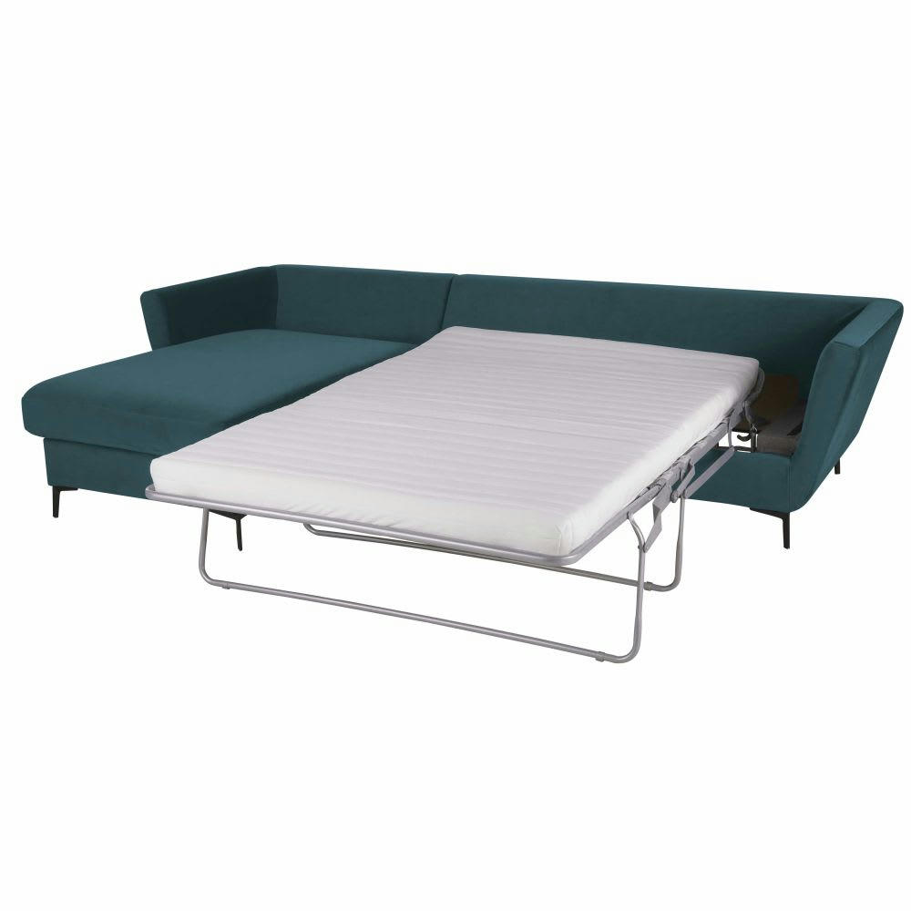 Prague - Canapé d'angle gauche convertible 2/3 places en velours bleu paon, matelas 10 cm