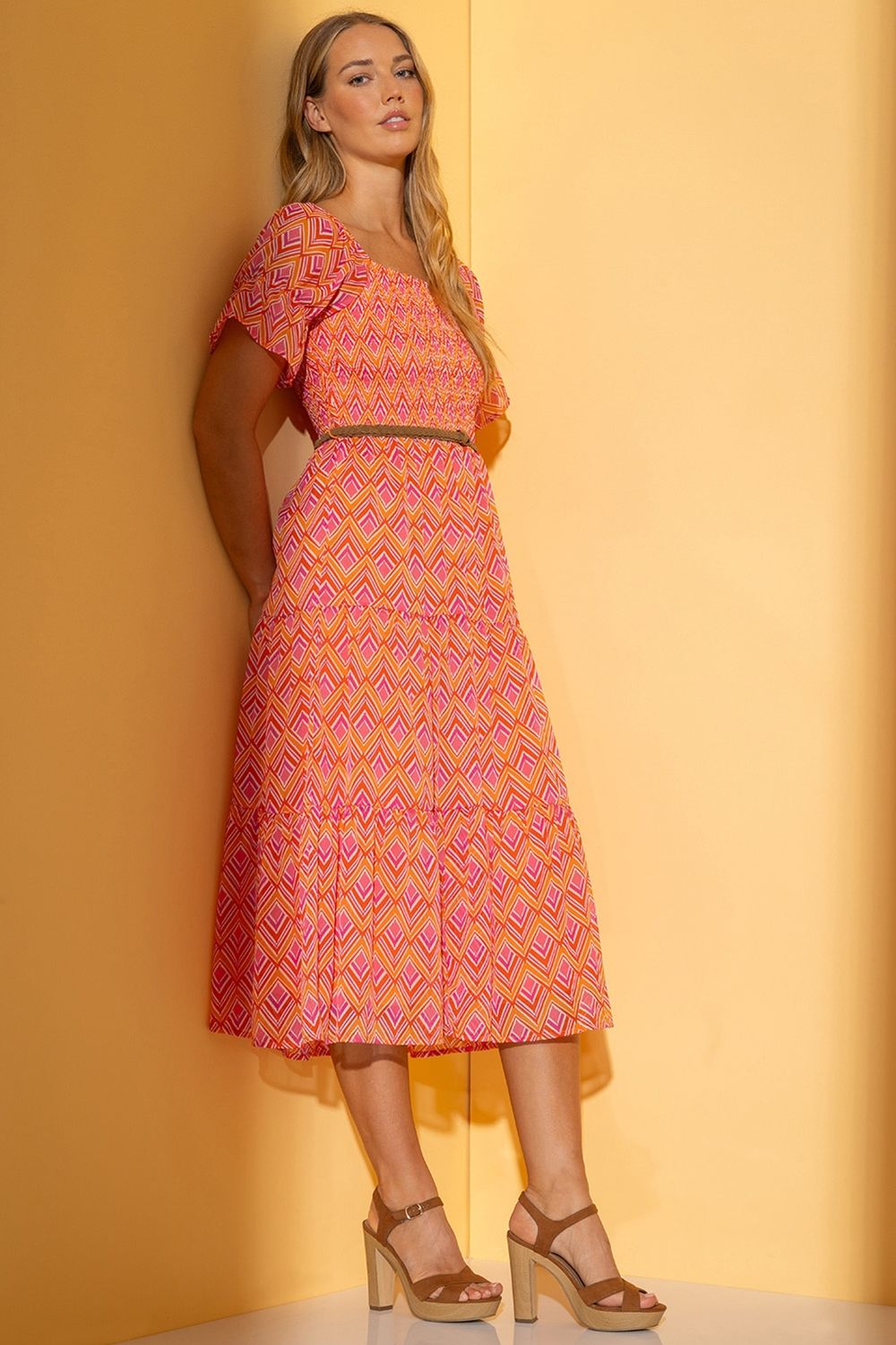 Klass. Belted Smocked Geometric Print Midaxi Dress