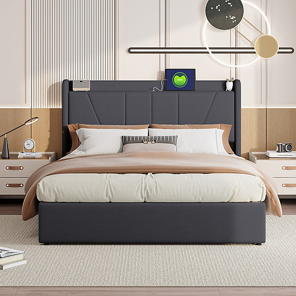 Lit Double 140 X 200 Cm Avec USB, Chargement Type-c, Rangement Et Sommier à Lattes, Noir