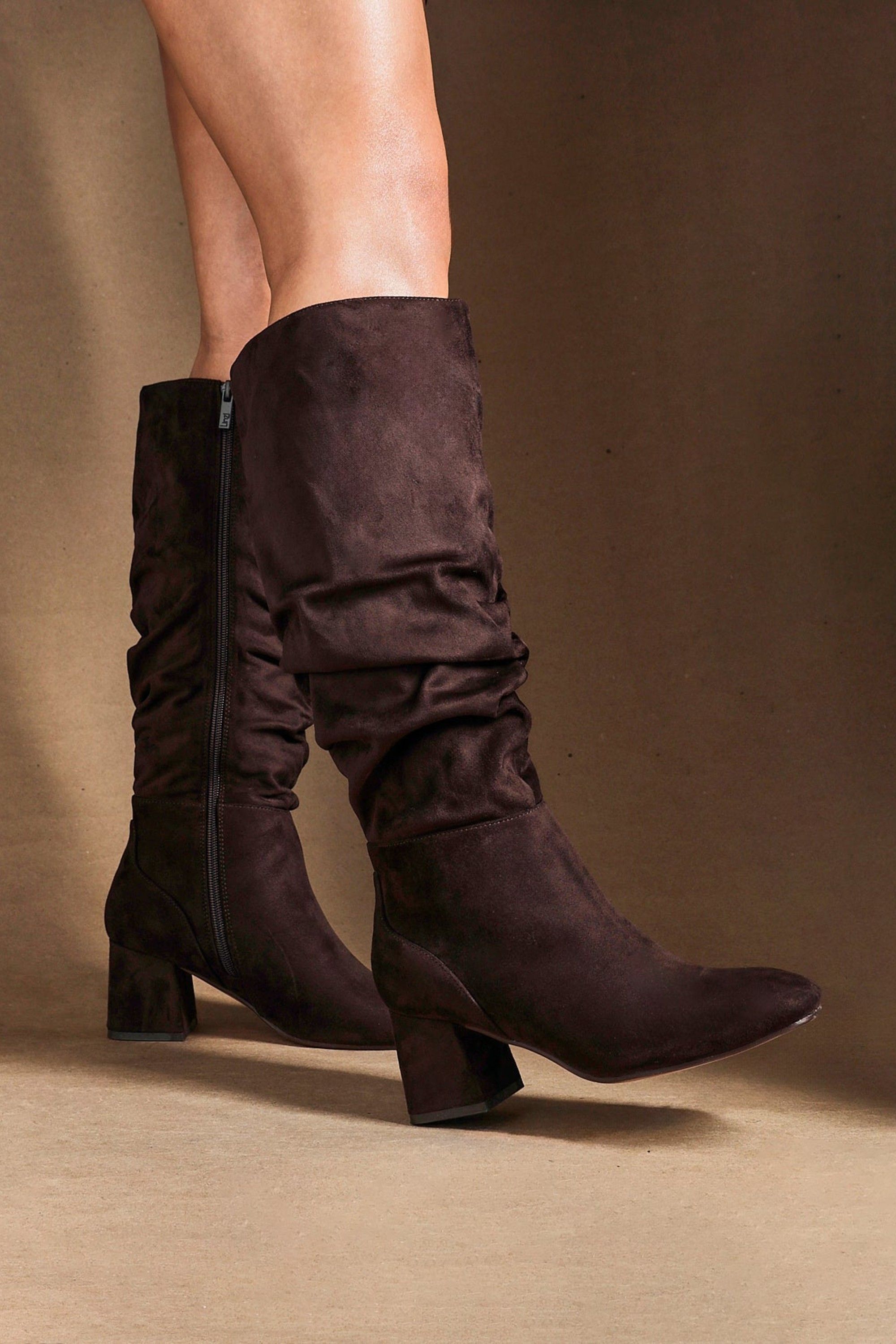 Linzi Inferno Wide Fit Brown Faux Suede Ruched Long Heeled Boot