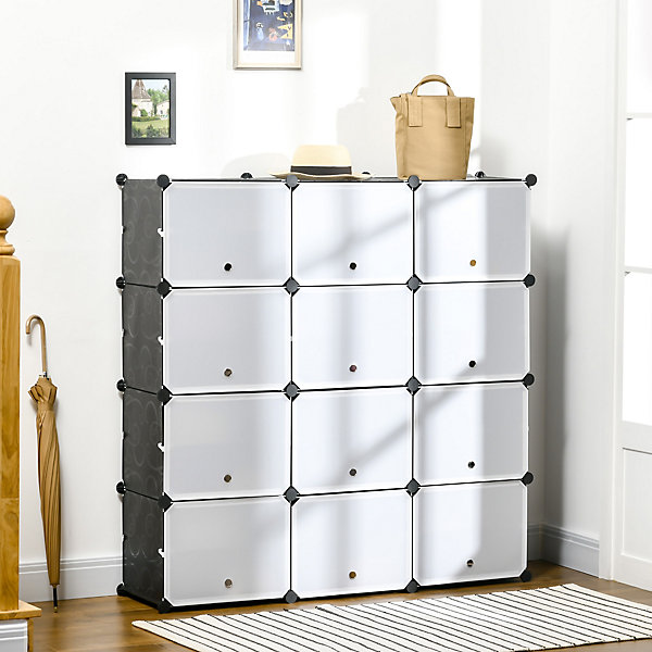 Meuble de rangement - meuble à chaussures modulable 12 casiers avec portes et étagères - dim. 125L x 32l x 125H cm - PP noir blanc