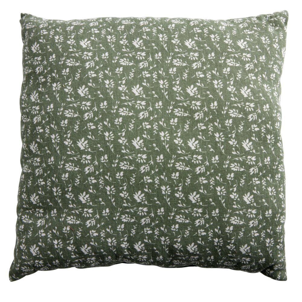 Coussin carré déperlant vert sapin motif floral blanc 40x40cm