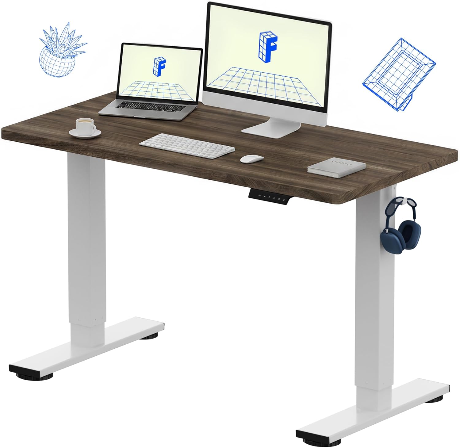 FLEXISPOT EN1 One-Piece Standing Desk with 1-Inch Thick Seamless Desktop, 48x24 Electric Height Adjustable Desk for Home Office, Multi-Monitor Setups & Easy Assembly, Black Walnut