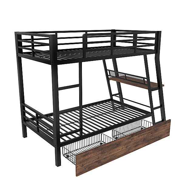 Lit superposé 90x200cm fer, LED   tiroirs/bureau/garde-corps, sans matelas, noir
