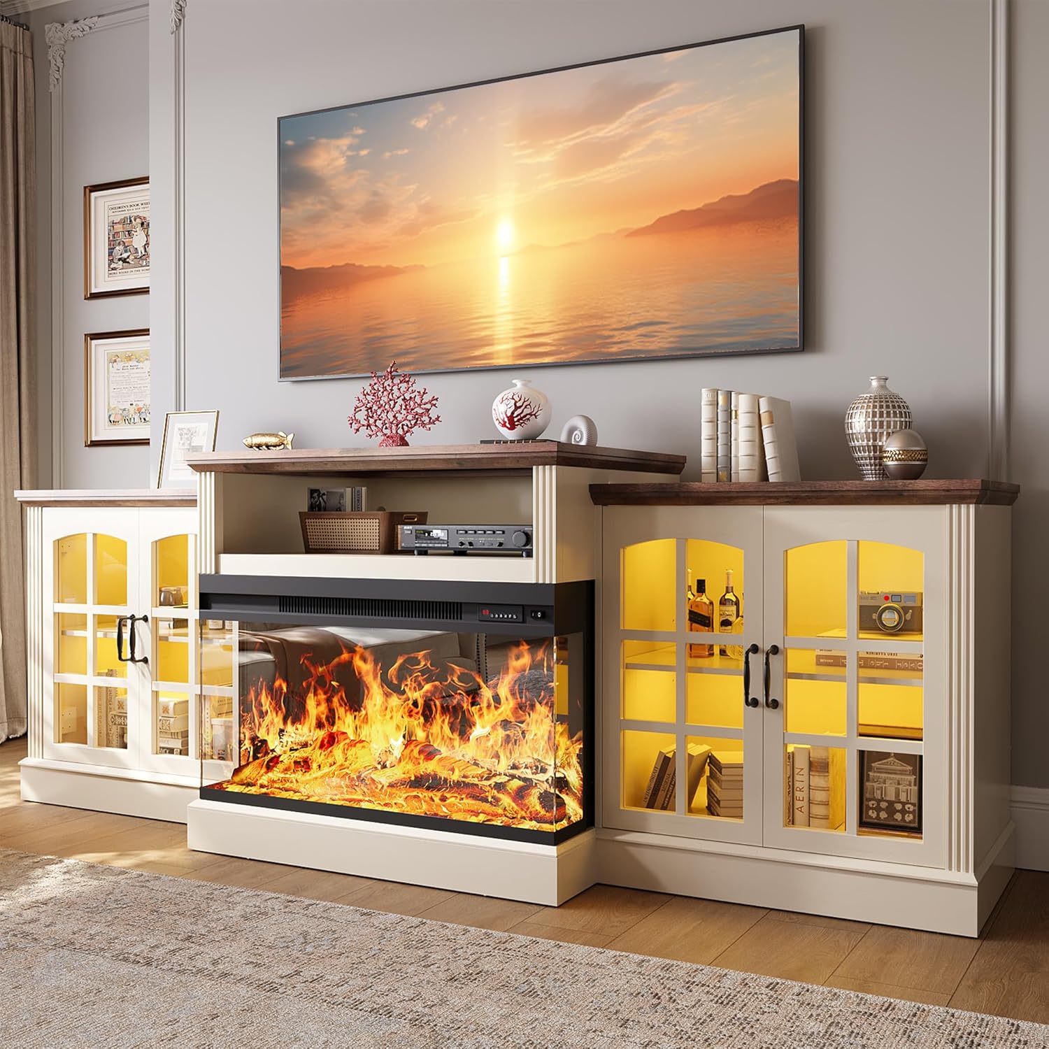 97 Fireplace TV Stand with 36 Electric Fireplace, Farmhouse Entertainment Center for TVs up to 100, Media Console Table with Large Storage Cabinets, for Living Room, White