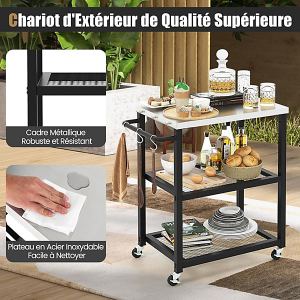 Chariot Barbecue Desserte Plancha Barbecue en Métal avec Comptoir 2 étagères 9 Crochets