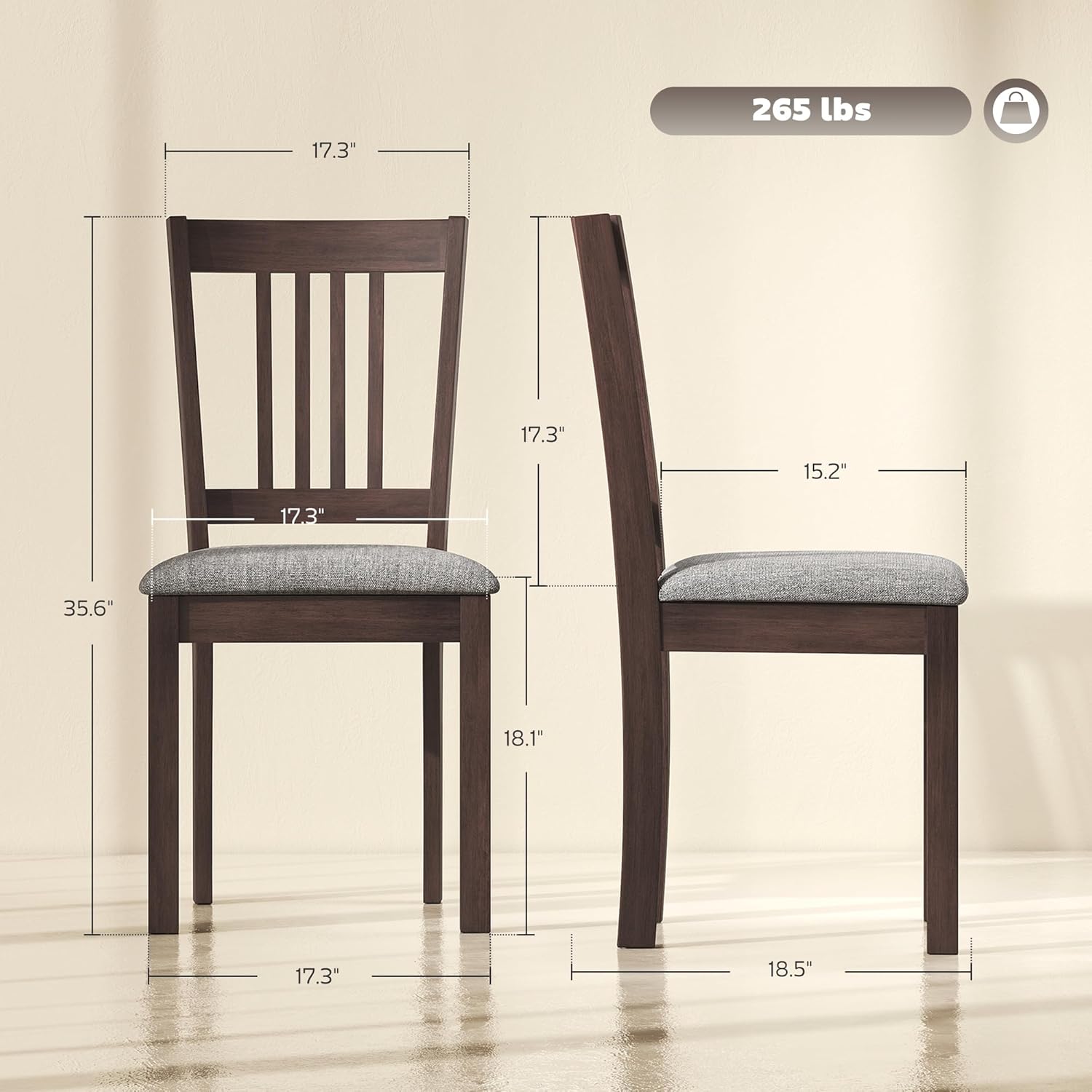 HOMCOM Dining Chairs Set of 2, Solid Wood Kitchen Chairs, Mid Century Modern Linen Fabric Upholstered for Dining Room, Living Room, Espresso Frame and Gray Upholstery
