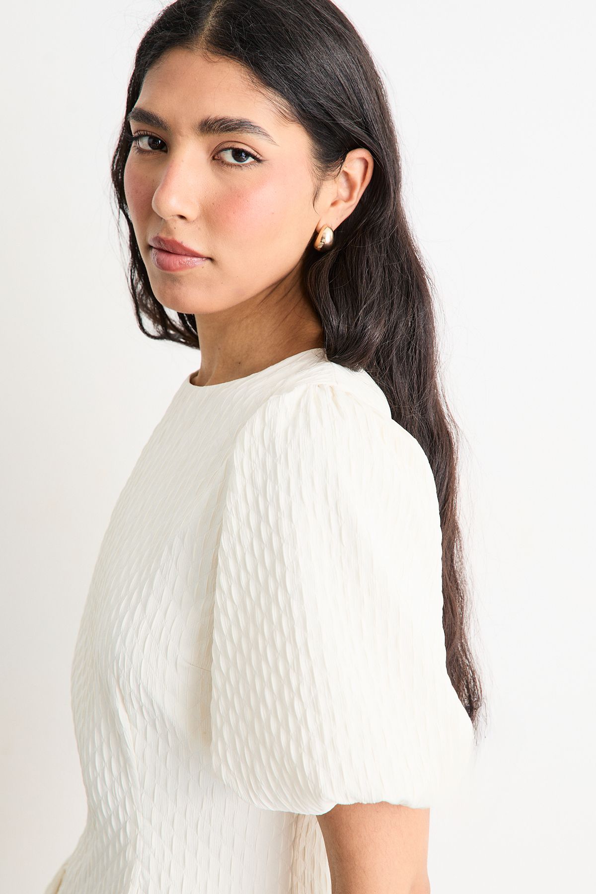 Warehouse Textured Godet Side Puff Sleeve Midi Dress