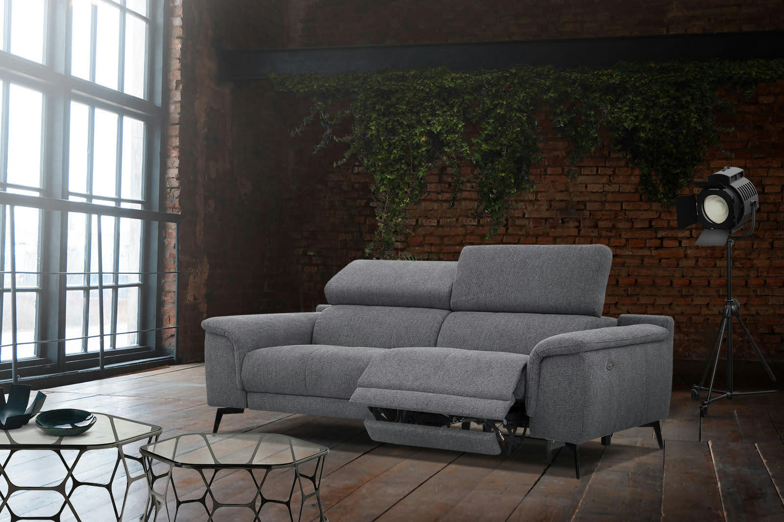 FIERO - Canapé droit 3 places XXL avec relax électrique côté droit tissu gris