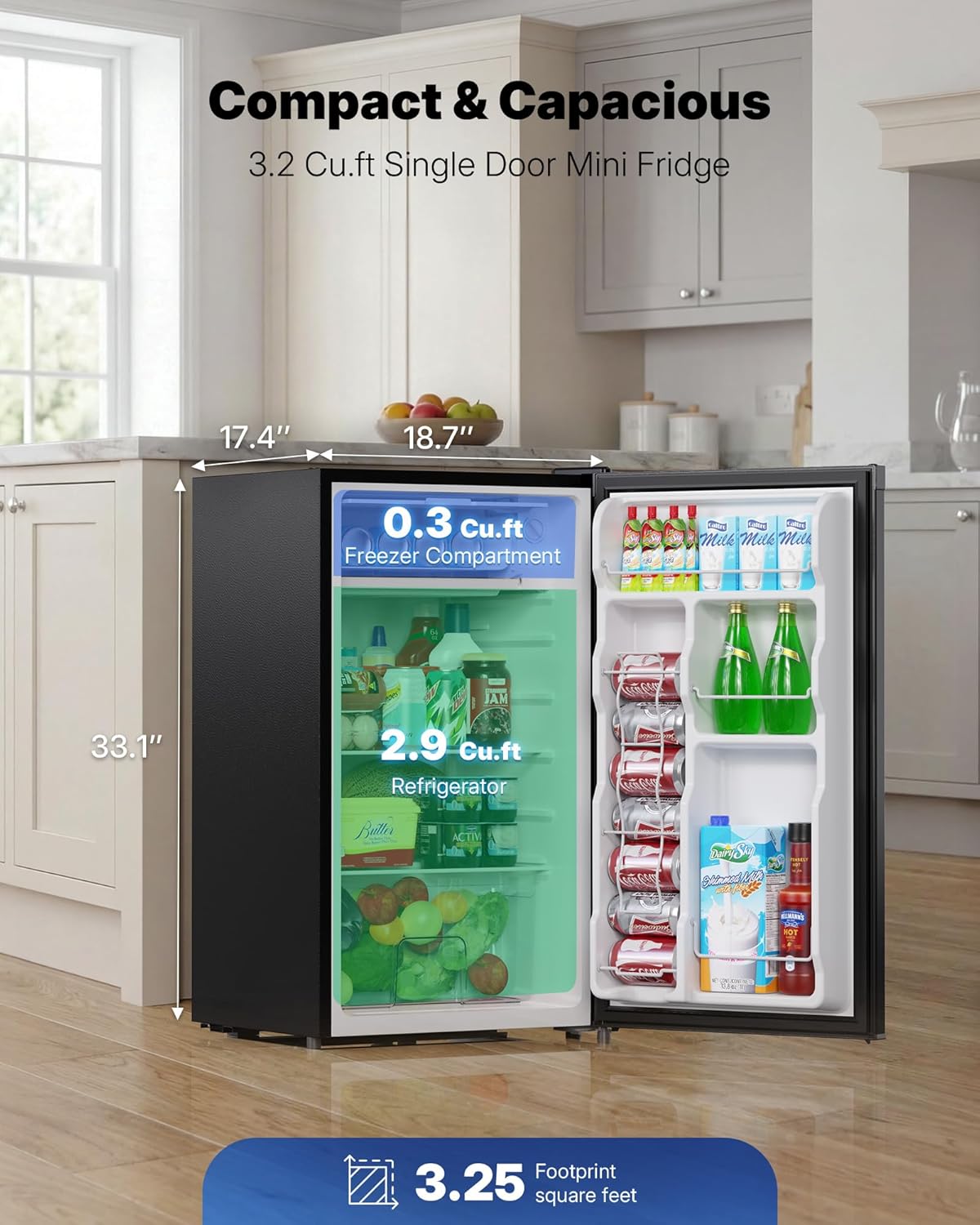 Upstreman 3.2 Cu.Ft Mini Fridge with Freezer, Single Door Compact Refrigerator, Adjustable Thermostat, Small Refrigerator for Dorm, Bedroom, Office, Black-BR321