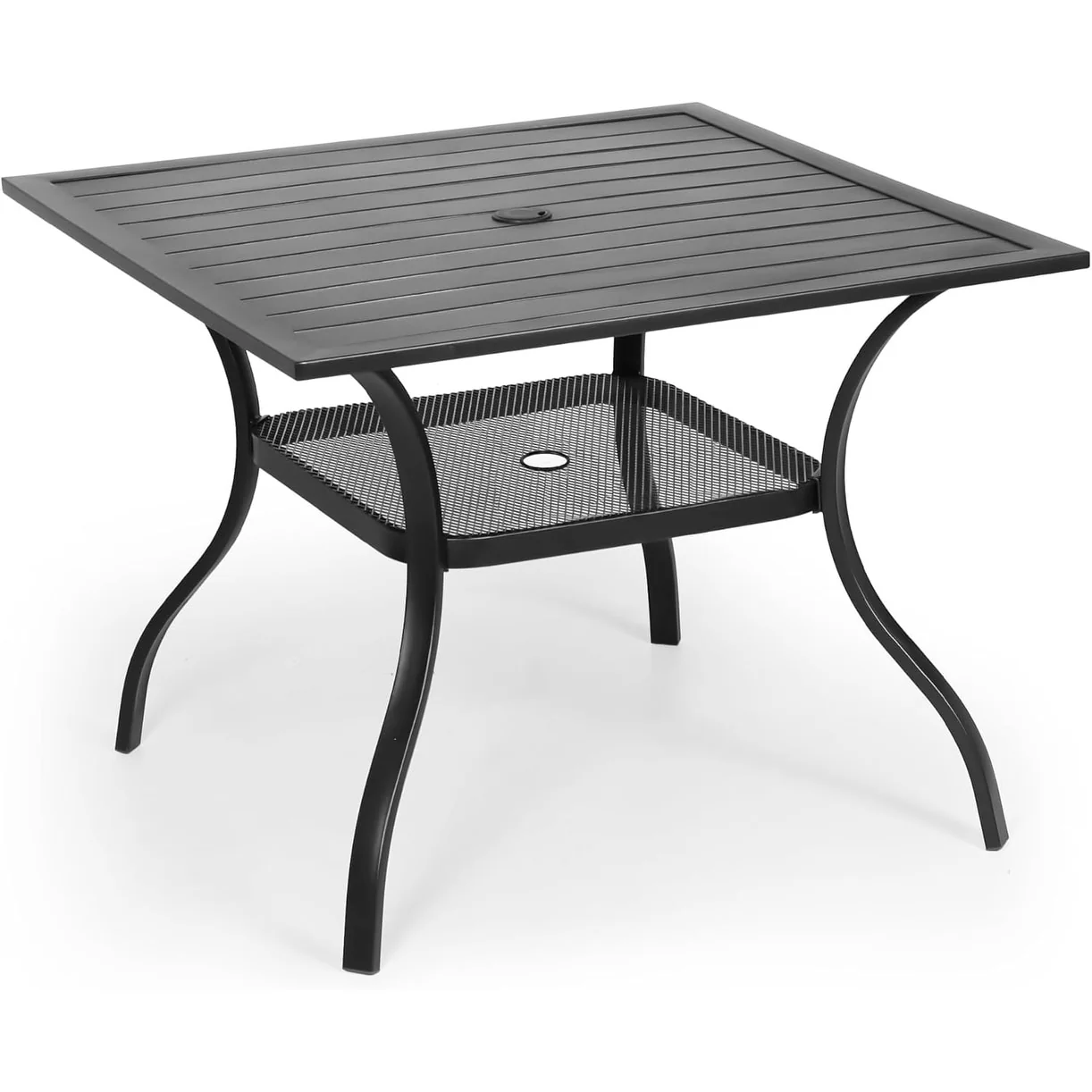 37 Black Square Outdoor Patio Metal Steel Slatted Dining Table with Umbrella Hole