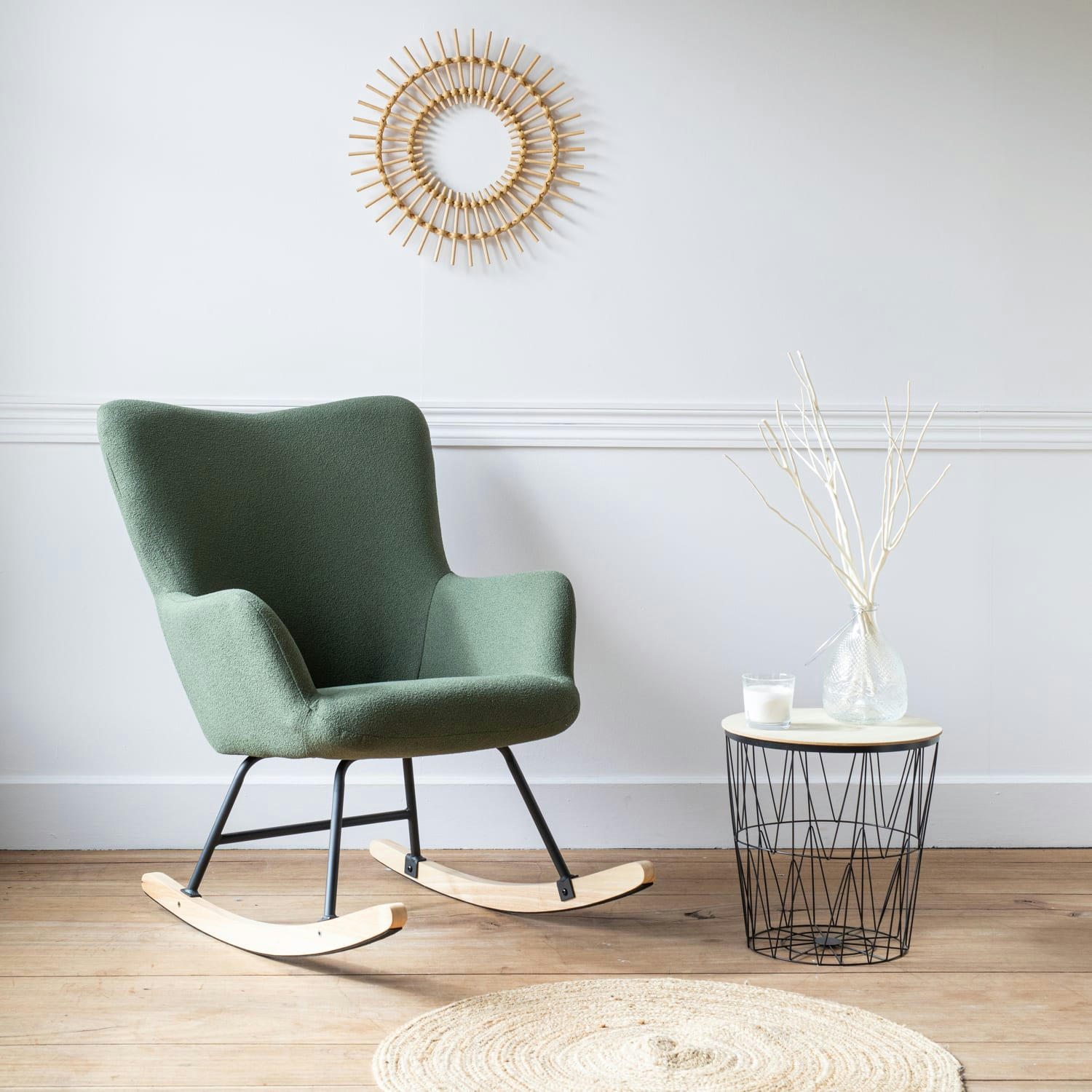 KAIRA - Fauteuil à bascule en tissu boucle vert kaki