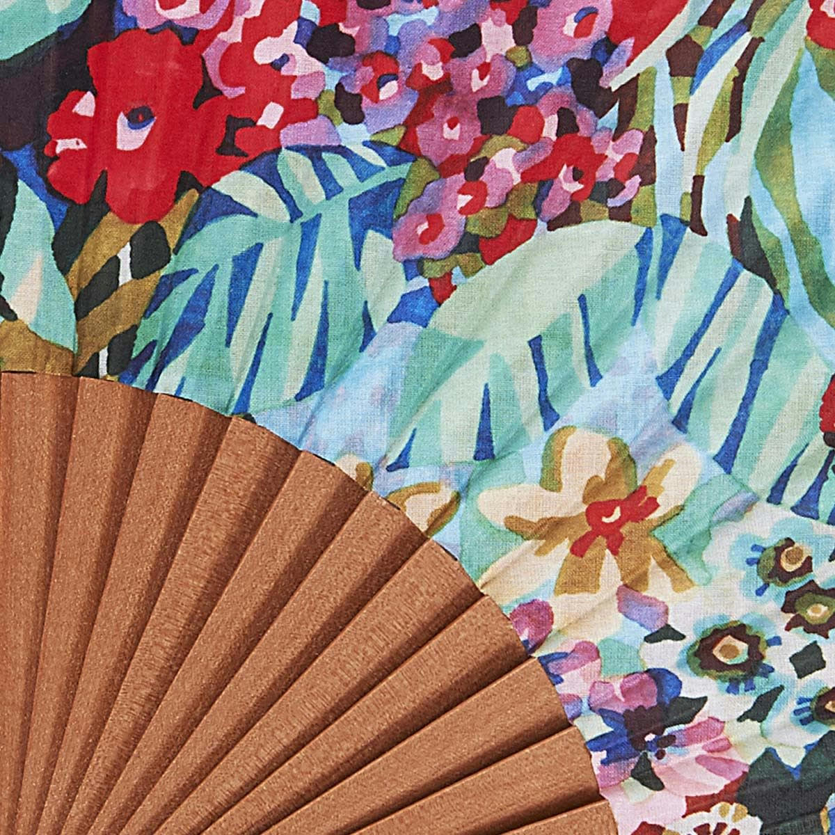 TANA - Éventail en bois de merisier et coton imprimé design fleuri