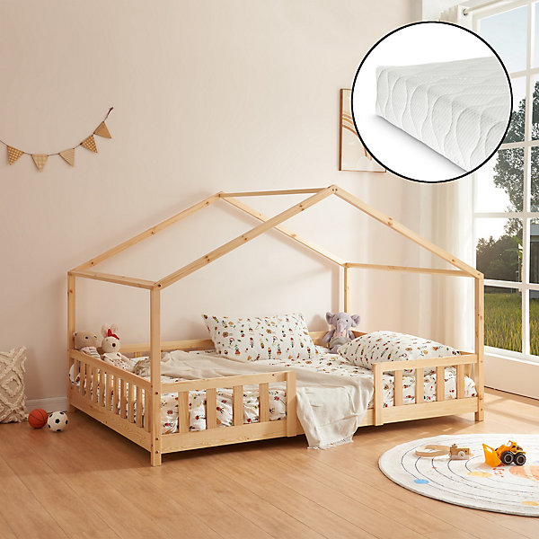 Lit cabane Treviolo avec matelas à mousse froid 120 x 200 cm bois naturel en.casa
