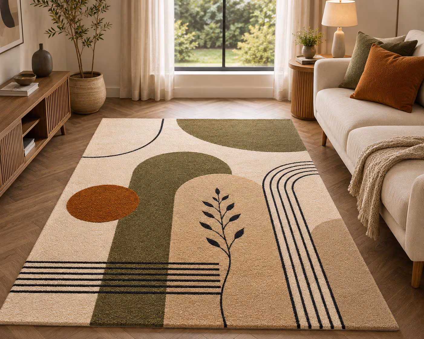 Modern Abstract Geometric Rug, Hand Tufted Area Rug, Boho Living Room Rug, Neutral Cream Olive Green Rug, Contemporary Home Decor