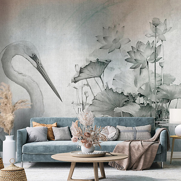 Papier Peint Panoramique Vinyle Oiseau Fleurs Gris - 416x254 cm - Papier Peint Chambre et salon