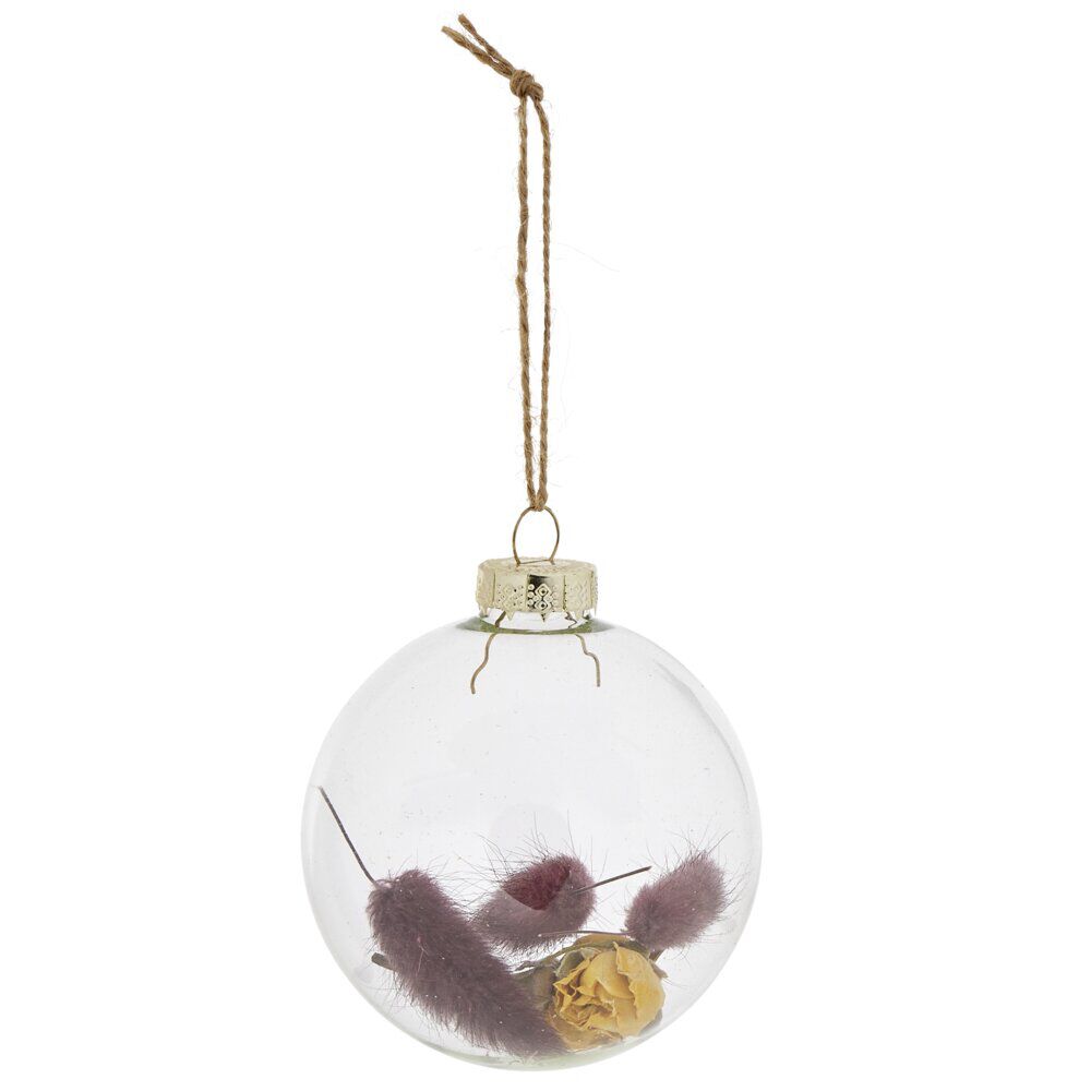 Boule de No&euml;l en verre intérieur fleurs séchées jaune et rouge Ø8cm