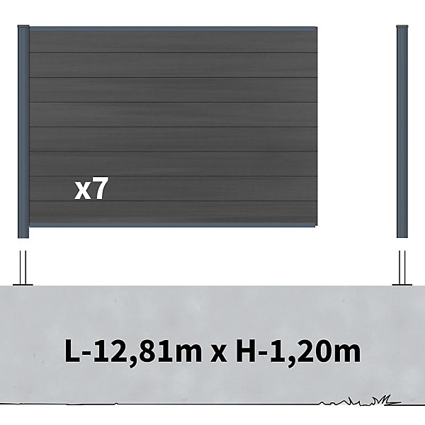 Kit Clôture Composite sur Muret CRUZ Ardoise 13x1,2m - Bois composite &Aluminium - Poteaux sur Platines Gris - Brise vue