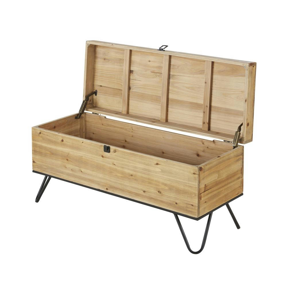 ELORNA - Malle en bois de sapin et métal noir 92x44