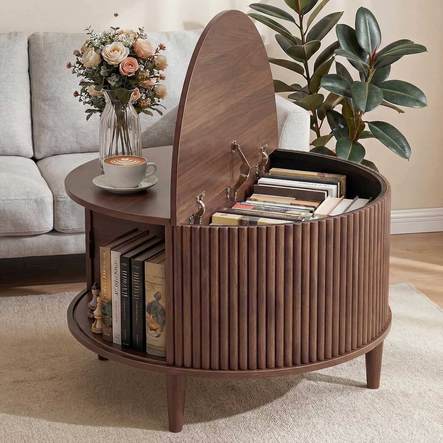 DUMOS Coffee Table, Round Coffee Tables with Storage, Fluted Center Table for Living Room, 31.69 Mid Century Modern Table with Sliding Cabinet Door, 2-Tier Rustic Wood Desktop, Brown